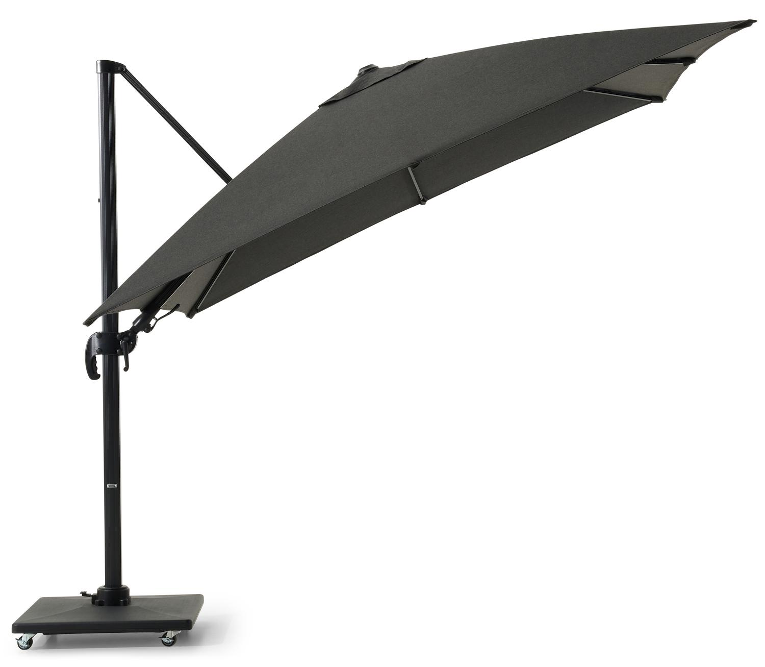 Avola zweefparasol met tiltfunctie in zwart aluminium en Natte Sooty Sunbrella® Premium parasoldoek - L1 300 x L2 300 cm met Avola parasolvoet 90 kg