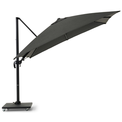 Avola zweefparasol met tiltfunctie in zwart aluminium en Natte Sooty Sunbrella® Premium parasoldoek - L1 300 x L2 300 cm met Avola parasolvoet 90 kg