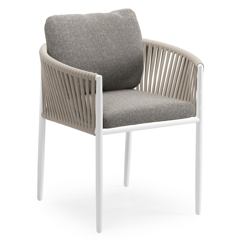 Chaise de jardin Organo en aluminium blanc et corde luxe plate tissée verticalement beige avec coussin en All Weather Sunbrella® Luxe Chartres Drizzle