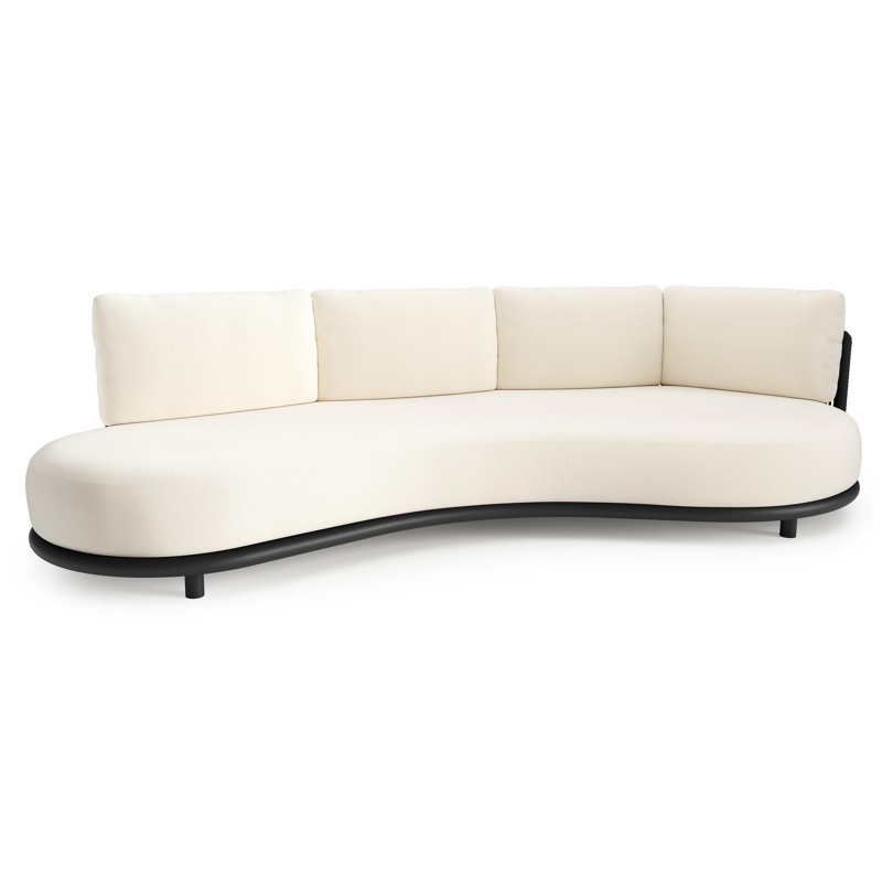 Canapé de jardin Lomano en aluminium noir et corde luxe plate tissée verticalement noir et coussins en all weather sunbrella® luxe natte white