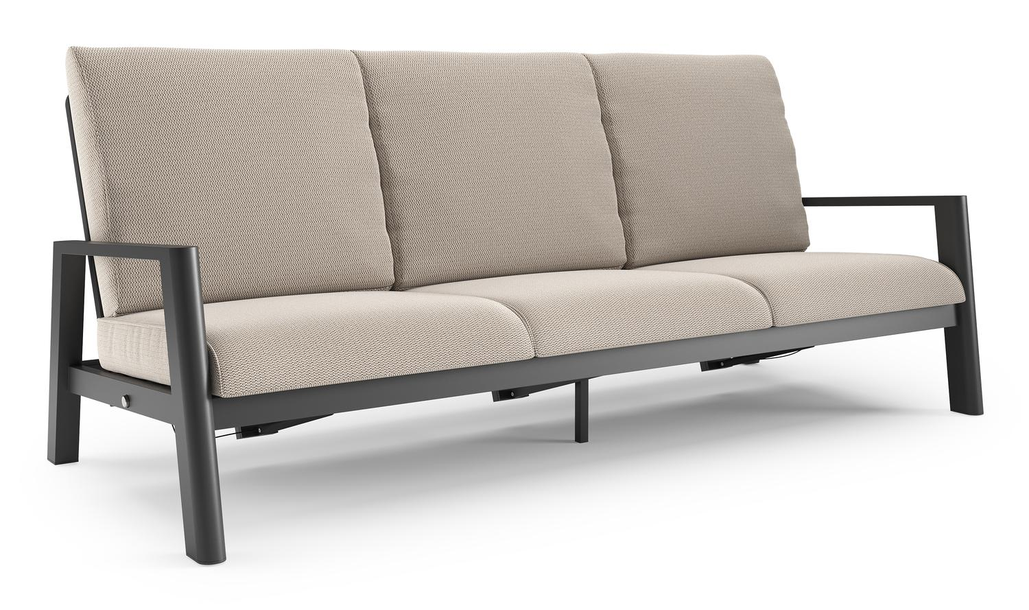 Canapé de jardin Cirello en aluminium noir et coussins en all weather sunbrella® luxe lopi fossil