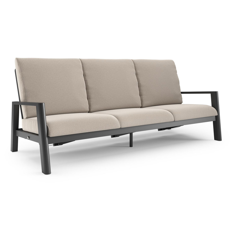 Canapé de jardin Cirello en aluminium noir et coussins en all weather sunbrella® luxe lopi fossil