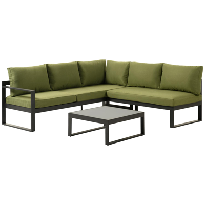 Caldela loungehoek in zwart aluminium met groen polyester kussens en loungetafel