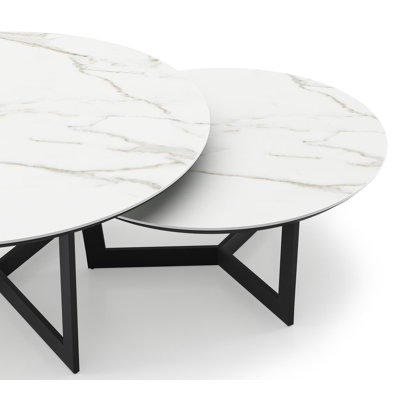 Ensemble de 2 tables d'appoint Fano ronde en aluminium noir et céramique pleine Calacatta - Diam. 85/65 x Haut. 35/30 cm