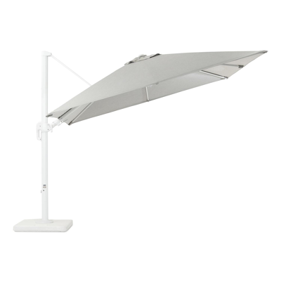 Rufina zweefparasol met tiltfunctie in wit aluminium met grijs all weather sunbrella® premium parasoldoek - L1: 300 x L2: 300 cm (met voet)