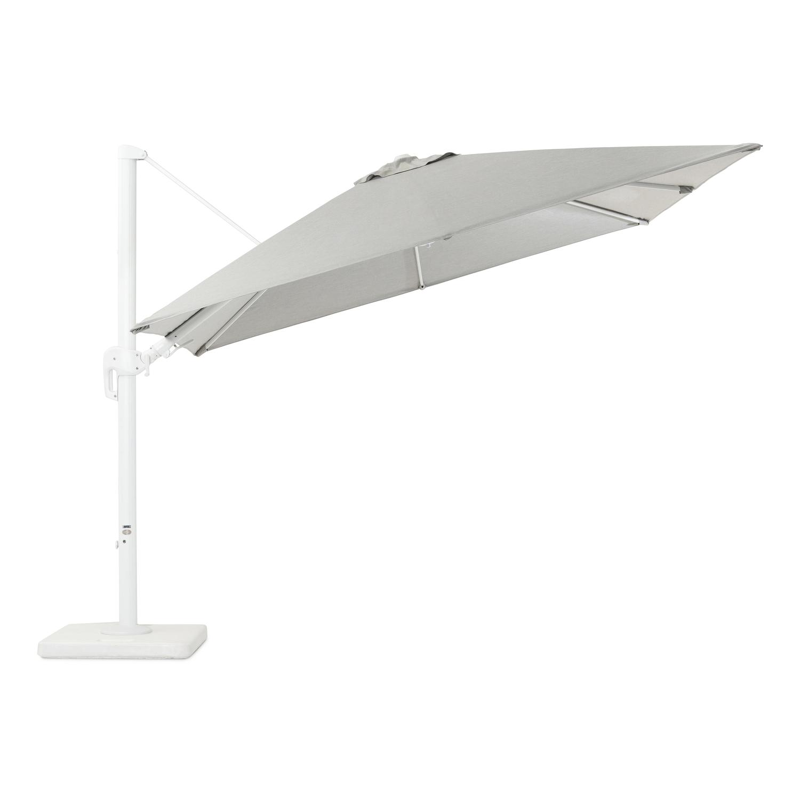 Rufina zweefparasol met tiltfunctie in wit aluminium met grijs all weather sunbrella® premium parasoldoek - L1: 300 x L2: 300 cm (met voet)