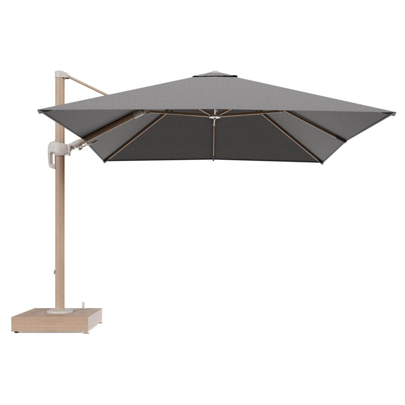 Rufina zweefparasol met tiltfunctie in houtlook aluminium en Chartres Drizzle All Weather Sunbrella® Luxe parasoldoek - L1 300 x L2 300 cm met parasolvoet Minore 150 kg met wielen