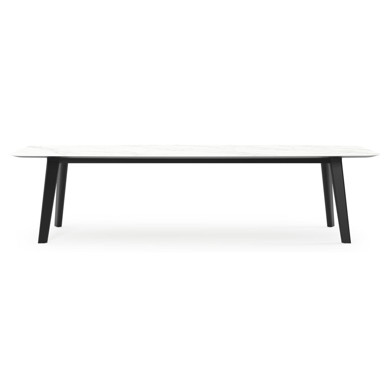 Table de jardin Lacrima forme de bateau en aluminium noir et céramique pleine Calacatta - Lg. 315 x Lrg. 115 x Haut. 73 cm