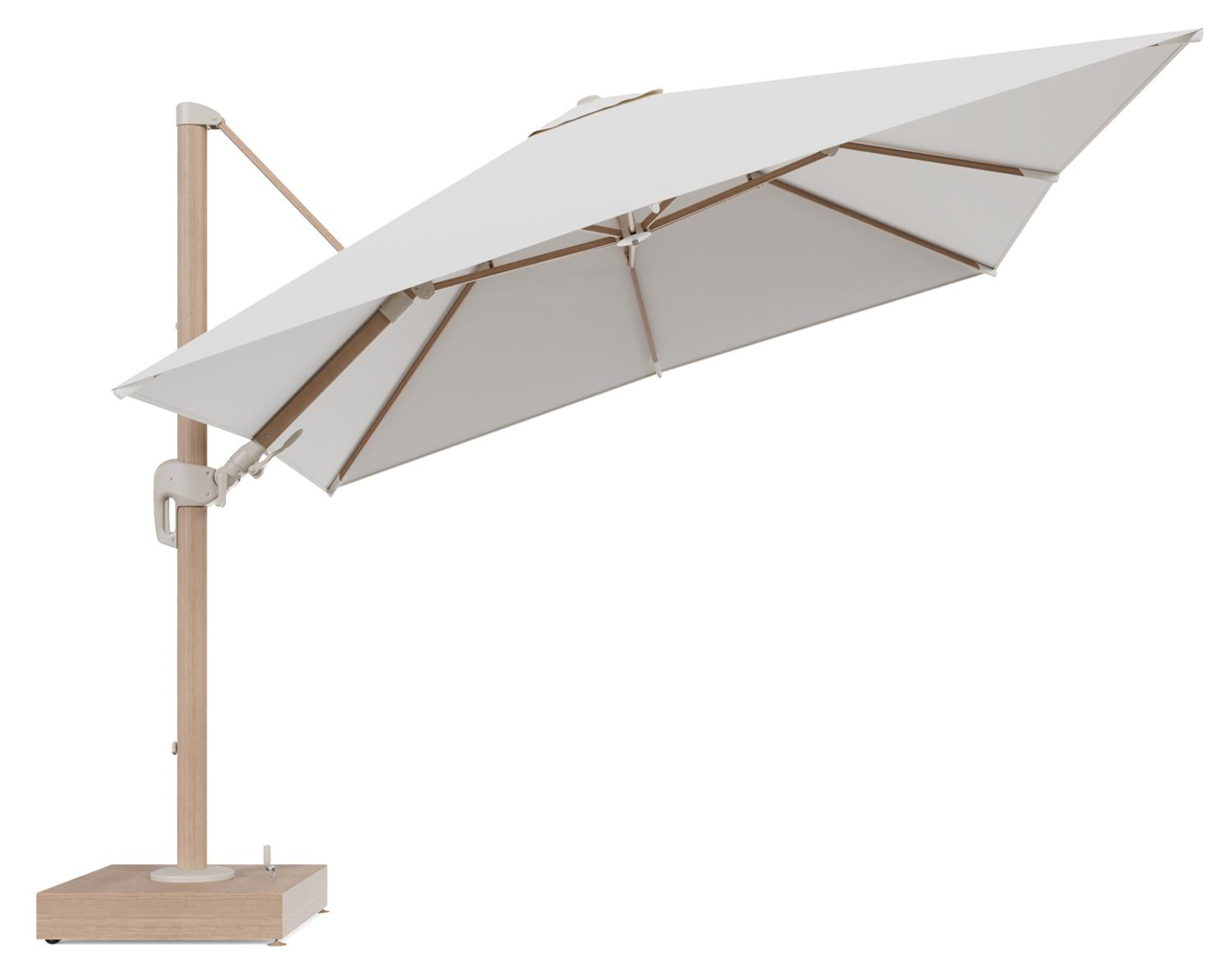 Rufina zweefparasol met tiltfunctie in houtlook aluminium en Savane White All Weather Sunbrella® Luxe parasoldoek - L1 300 x L2 300 cm met parasolvoet Minore 150 kg met wielen