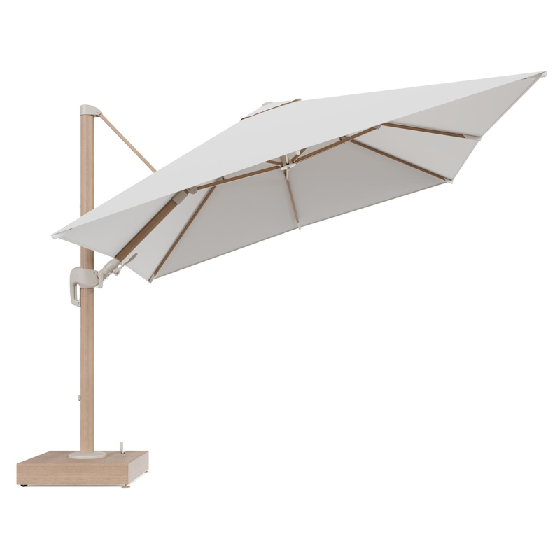 Rufina zweefparasol met tiltfunctie in houtlook aluminium en Savane White All Weather Sunbrella® Luxe parasoldoek - L1 300 x L2 300 cm met parasolvoet Minore 150 kg met wielen