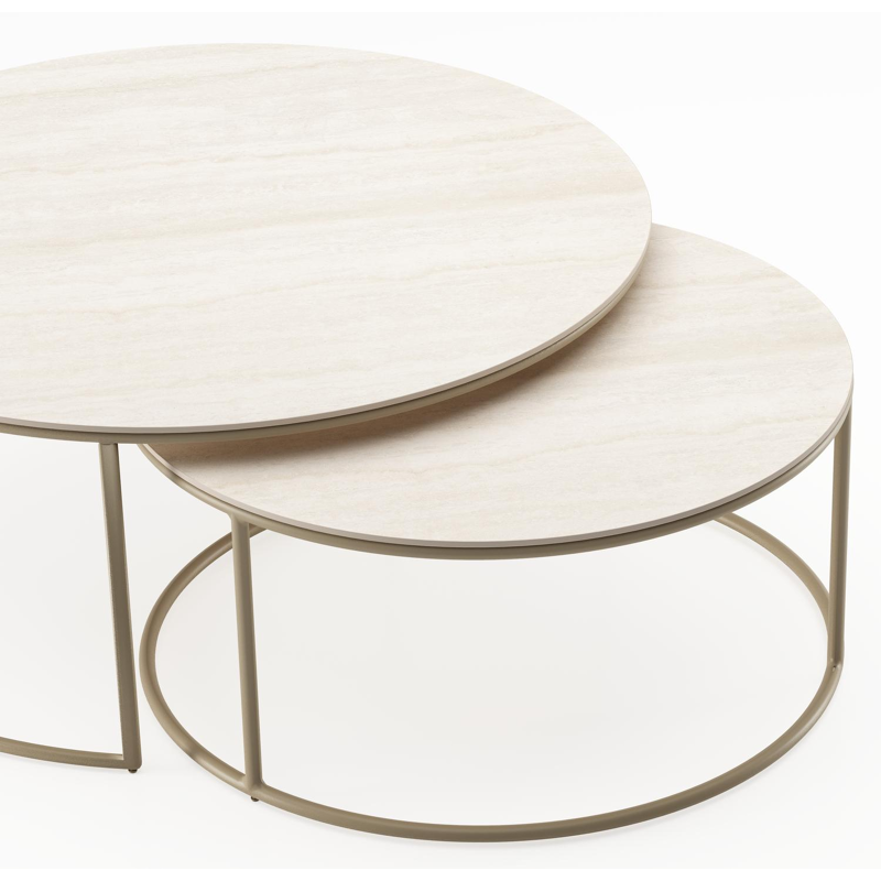 Ensemble de 2 tables d'appoint Fano ronde en aluminium beige et céramique pleine Travertino Bianco - Diam. 85 x Haut. 35 cm