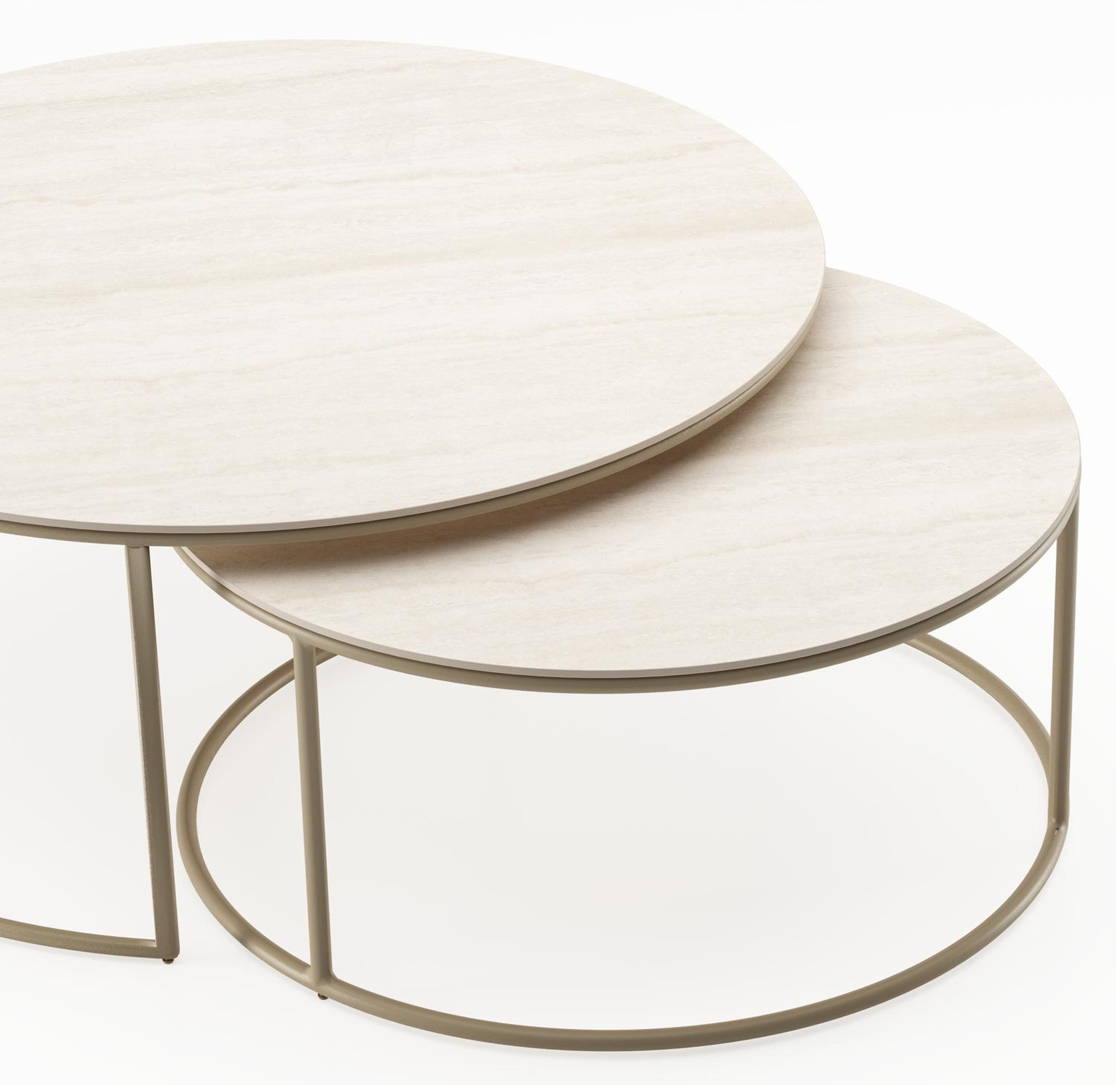 Ensemble de 2 tables d'appoint Fano ronde en aluminium beige et céramique pleine Travertino Bianco - Diam. 85 x Haut. 35 cm