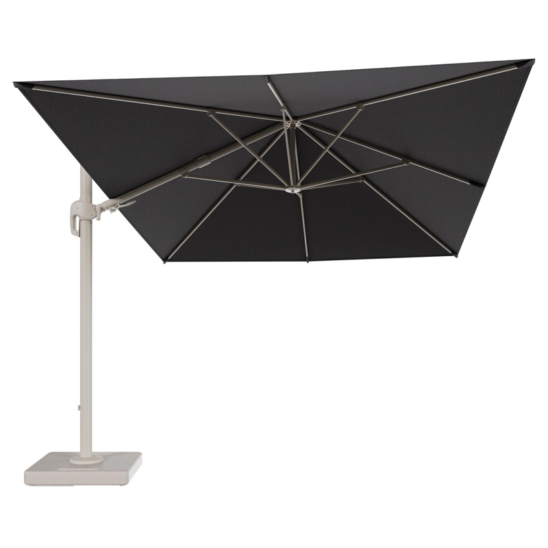 Parasol pendant Rufina avec fonction tilt en aluminium beige et toile de parasol en All Weather Solica Firenze Tunder - Lg.1 400 x Lg.2 300 cm avec pied de parasol Lapido 160 kg