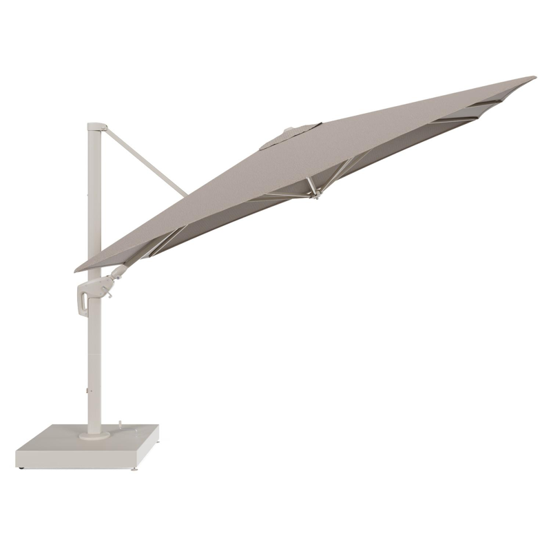 Parasol pendant Minore avec fonction tilt en aluminium beige et toile de parasol All Weather Solica Firenze Earth - Lg.1 280 Lg.2 370 cm avec pied de parasol Minore 260 kg avec roulettes