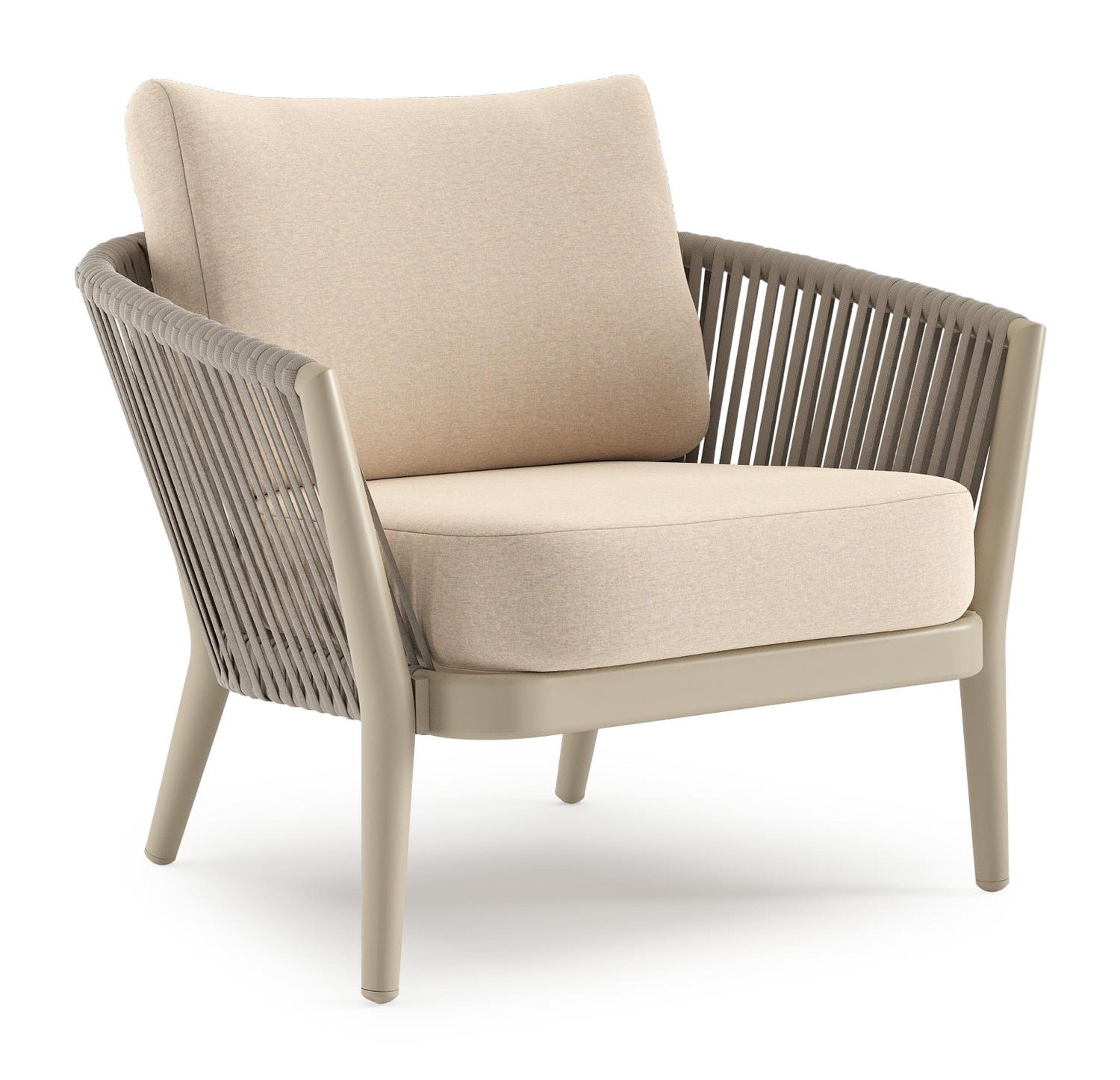 Fauteuil de jardin Orso en aluminium beige en corde luxe plate tissée verticalement beige et coussins en all weather sunbrella® luxe Heritage Papyrus