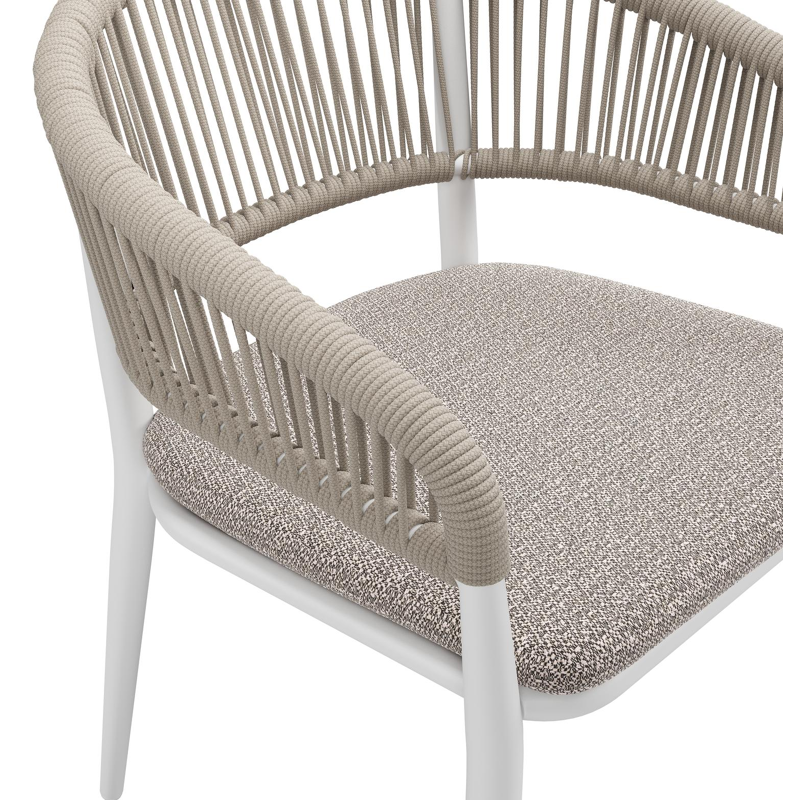 Tolfa stapelbare tuinstoel in wit aluminium en beige verticaal geweven ronde rope met stoelkussen in All Weather Sunbrella® Luxe Wander Granite