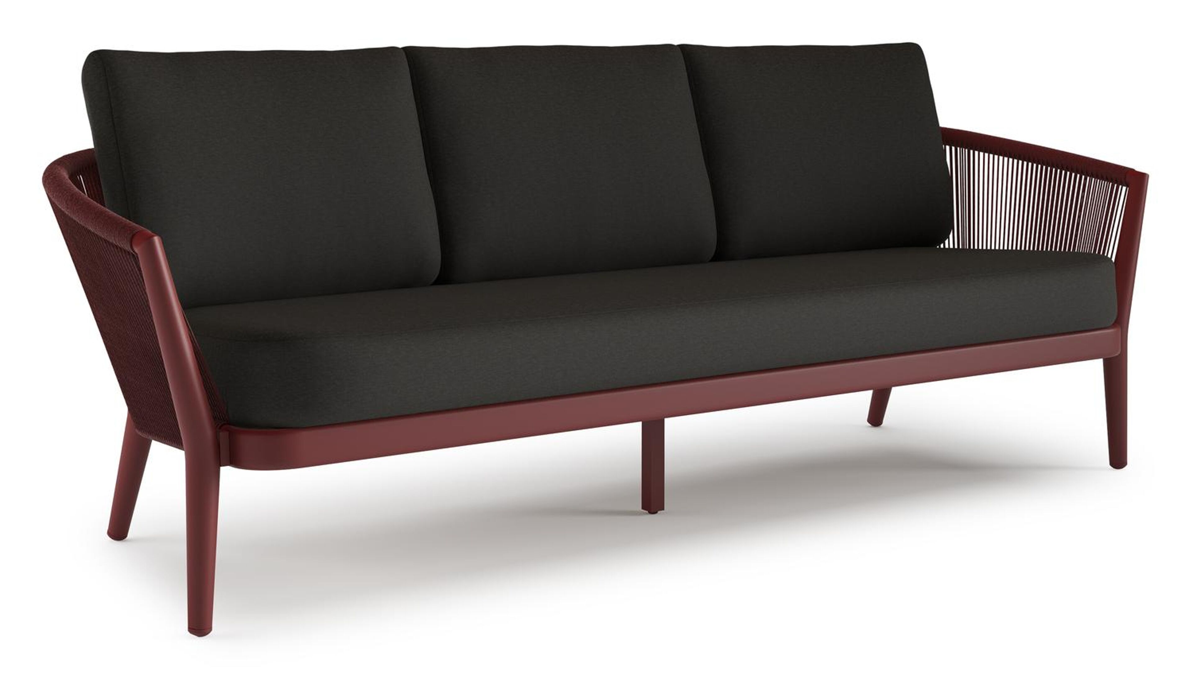 Orso loungebank in ruby aluminium en ruby verticaal geweven ronde rope met Heritage Char all weather sunbrella® luxe kussen