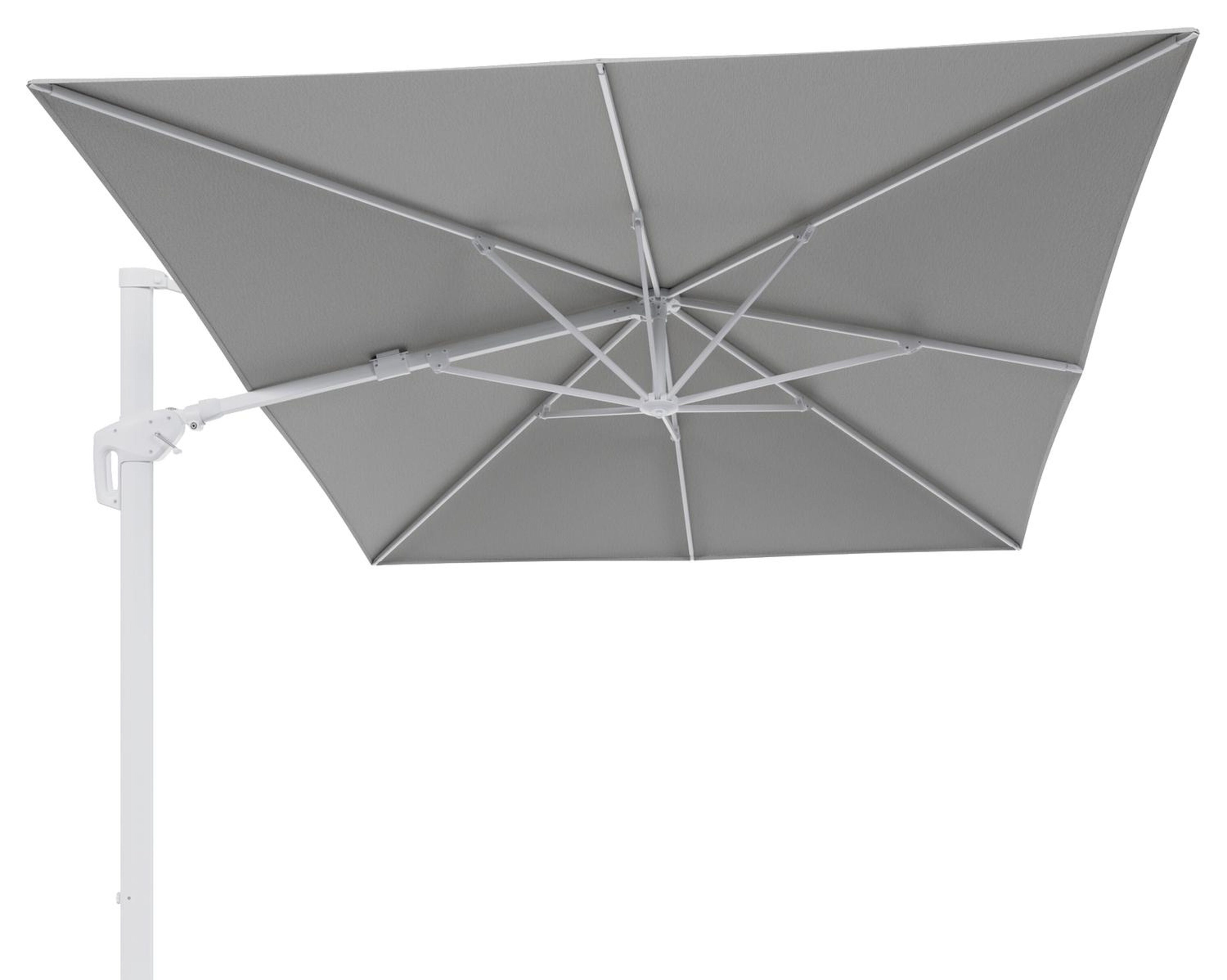 Parasol pendant Minore avec fonction tilt en aluminium blanc avec toile de parasol en all weather sunbrella® luxe savane nimbus - Lg.1 400 x Lg.2 300 cm (sans pied de parasol)