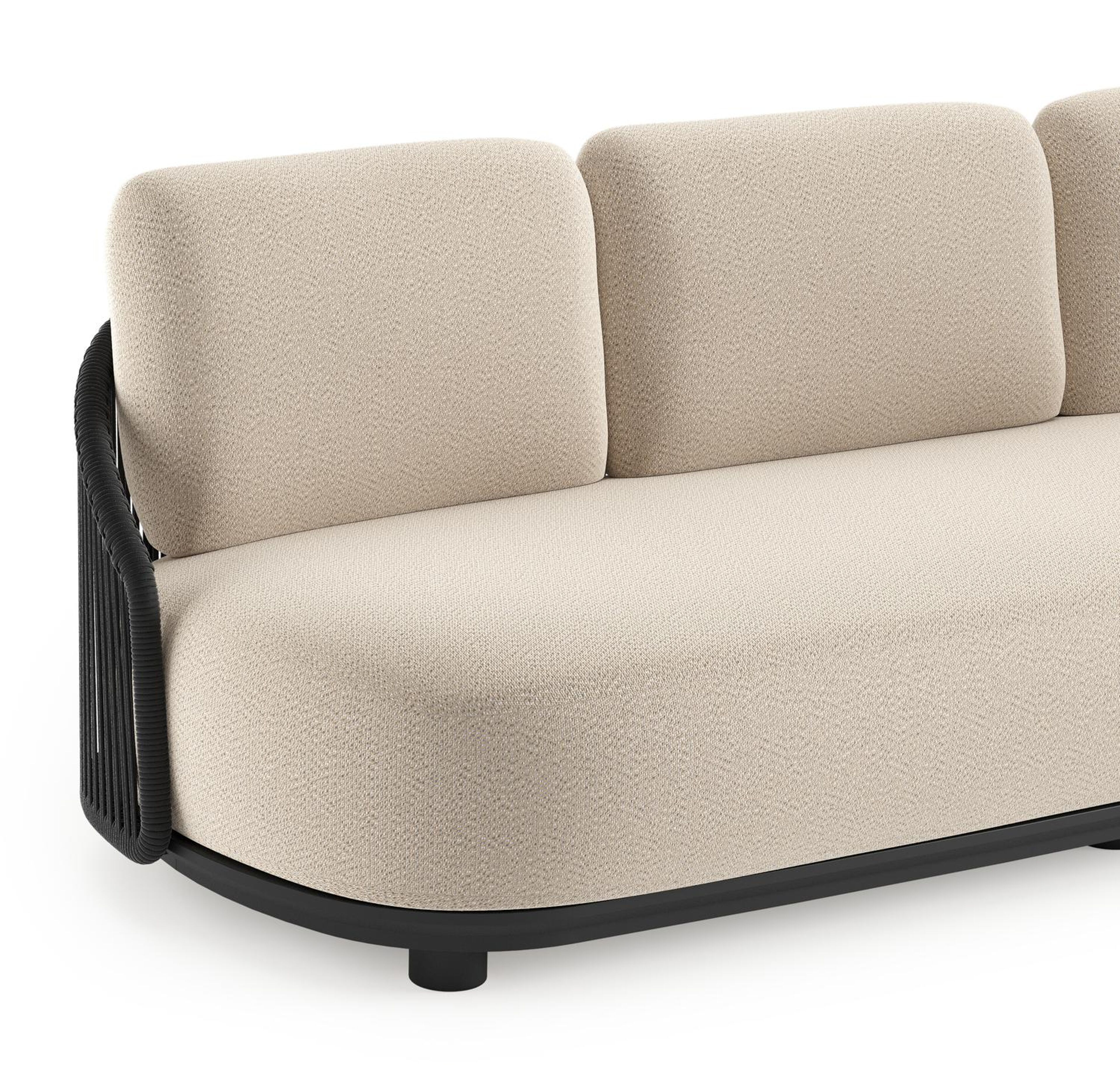 Vadelo loungebank in zwart aluminium en zwart verticaal geweven ronde rope met lopi sand all weather sunbrella® luxe kussen