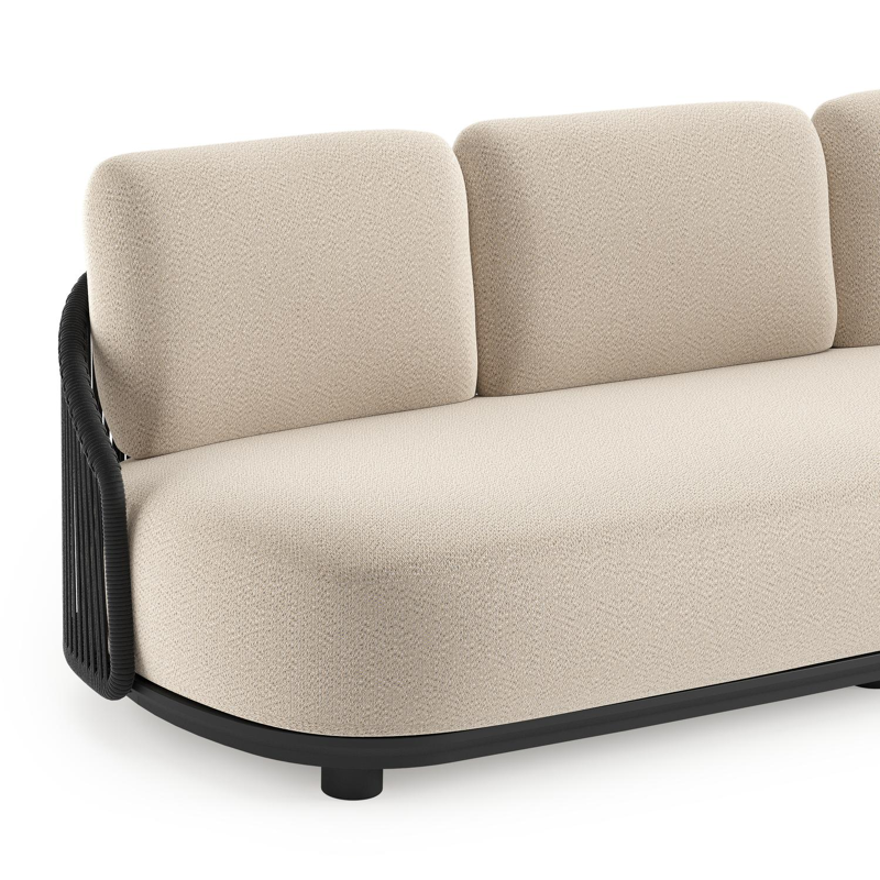 Canapé de jardin Vadelo en aluminium noir et corde ronde tissée verticalement noir et coussins en all weather sunbrella® luxe lopi sand