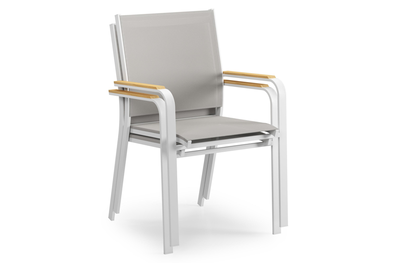 Amalfi stapelbare tuinstoel in wit aluminium en grijs textilene en teak armleuning