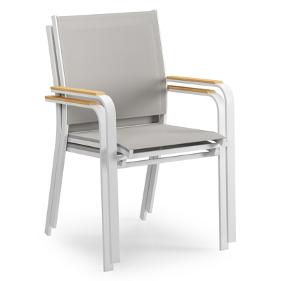 Amalfi stapelbare tuinstoel in wit aluminium en grijs textilene en teak armleuning