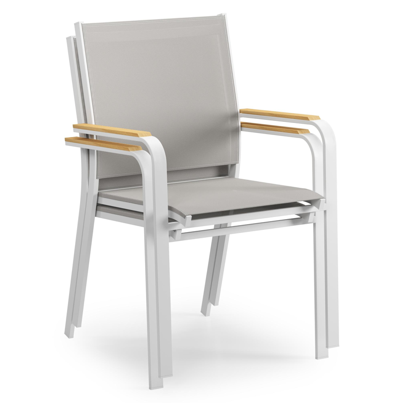 Varese tuinset in wit aluminium en naturel teak tafelblad met 8 stapelbare Amalfi tuinstoelen