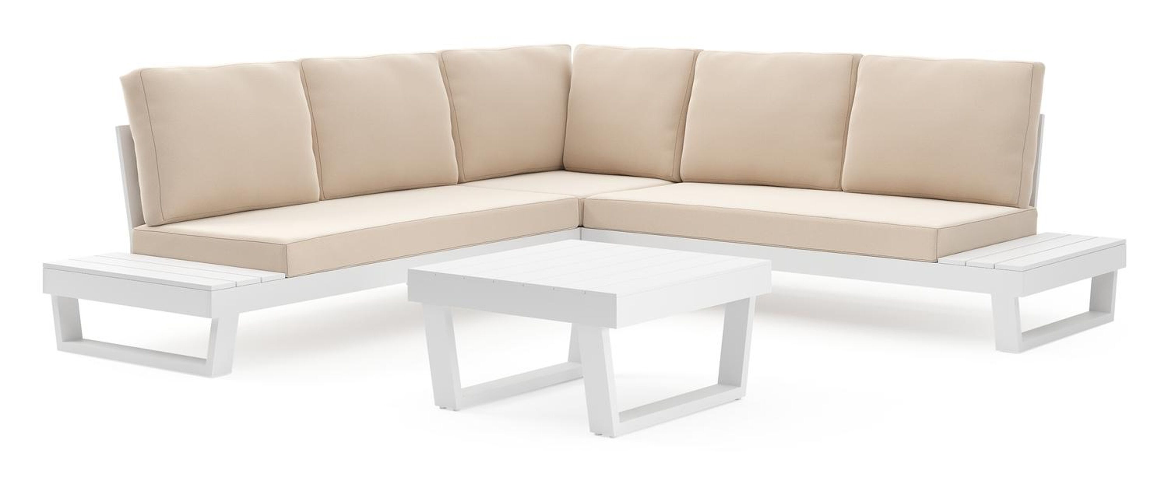 Modica loungehoek in wit aluminium met natte linen chalk all weather sunbrella® premium kussens en loungetafel
