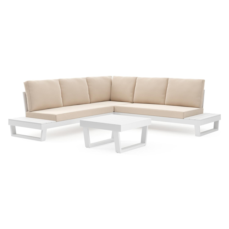 Modica loungehoek in wit aluminium met natte linen chalk all weather sunbrella® premium kussens en loungetafel