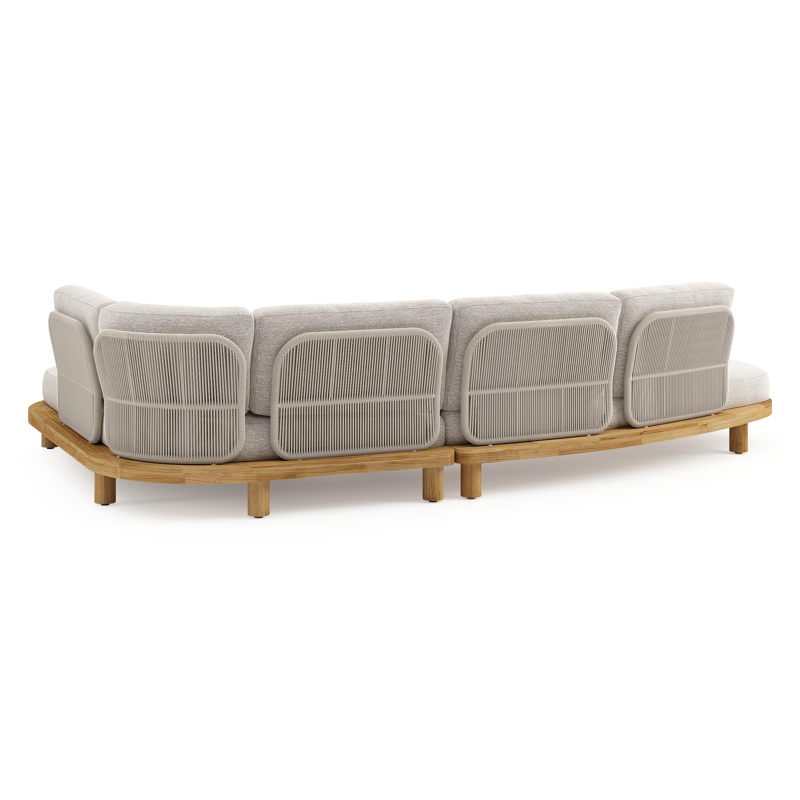 Donato loungehoek in teak en beige verticaal geweven ronde rope met all weather sunbrella® luxe Tundra Sand kussen