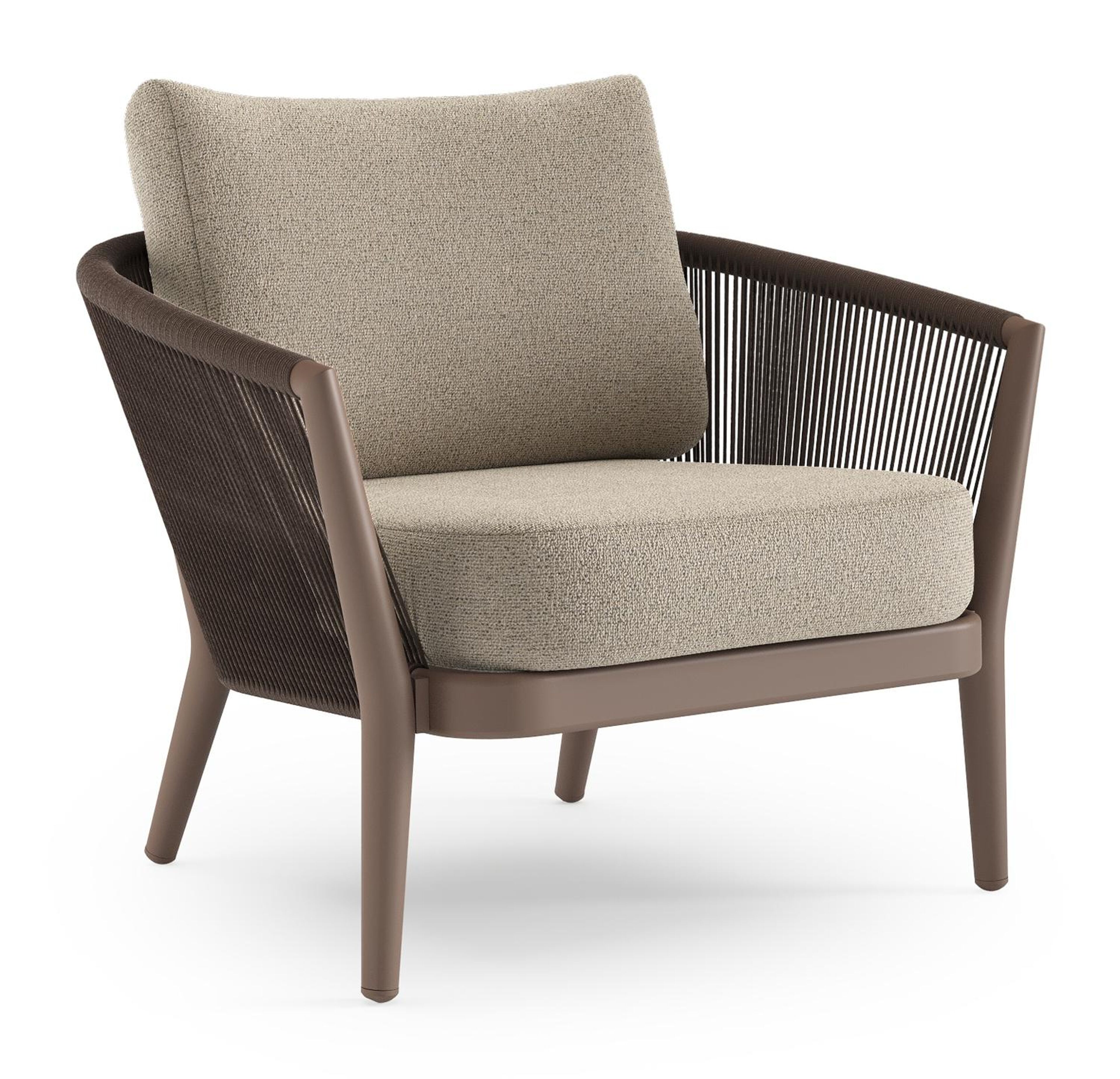 Orso loungestoel in taupe aluminiumen zwart verticaal geweven ronde rope met Marbella Beige all weather cosytica kussen