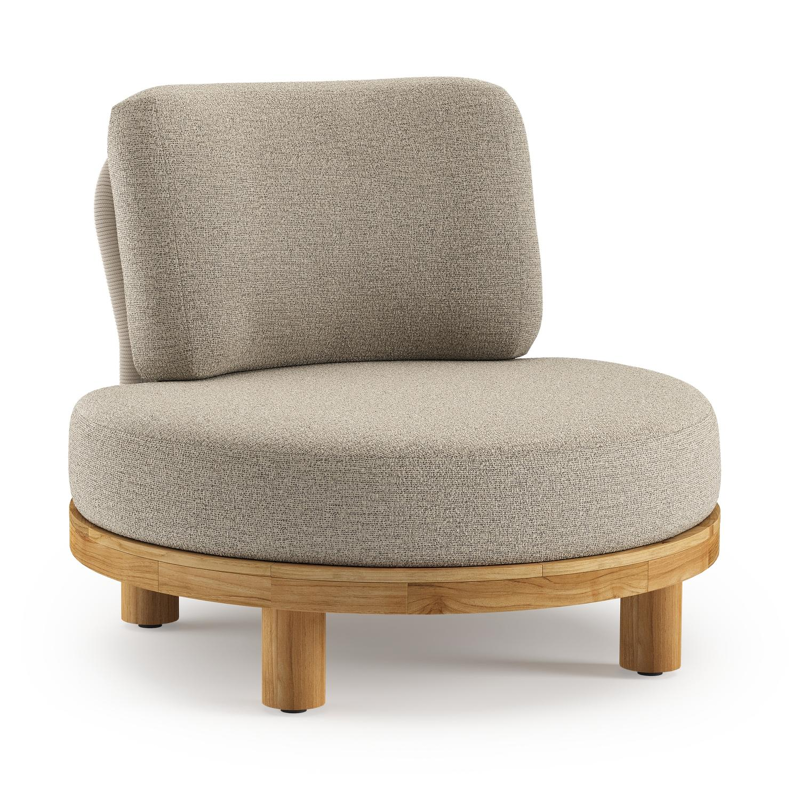 Donato loungestoel in teak en beige verticaal geweven ronde rope met all weather cosytica Catania Beige kussen