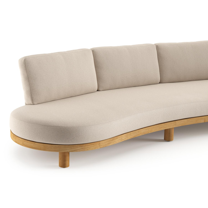 Donato loungebank in teak en beige verticaal geweven ronde rope met all weather sunbrella® luxe Heritage Ash kussen