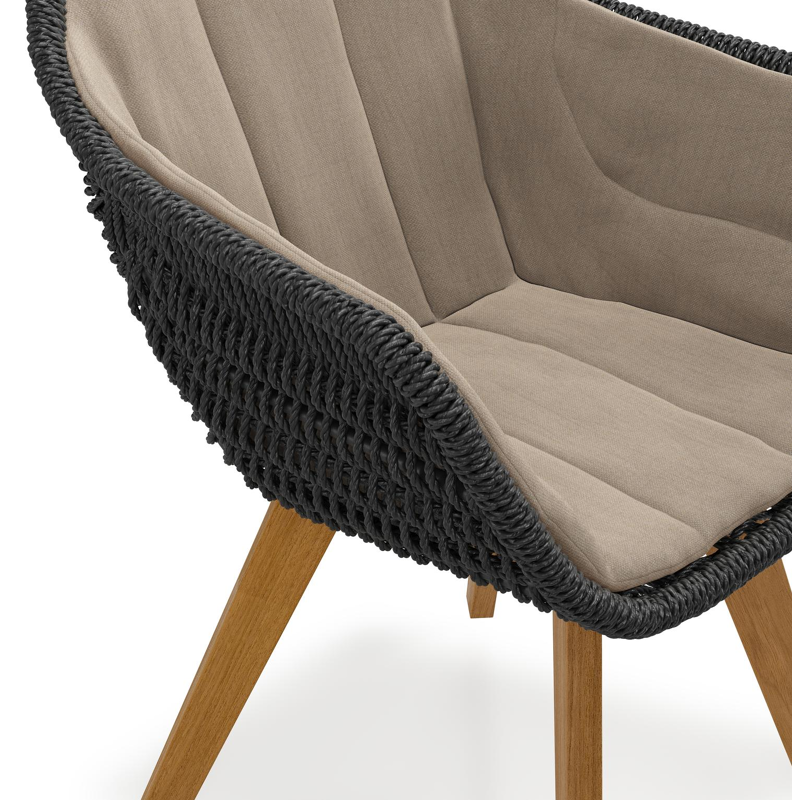 Pagino tuinstoel in teak en zwart ronde wicker met zitkussen in All Weather Sunbrella® Luxe Natte Heather Grey
