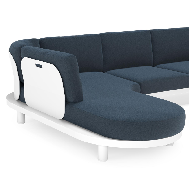 Salon de jardin d'angle Donato en aluminium blanc et coussins en All Weather Sunbrella® luxe Heritage Indigo