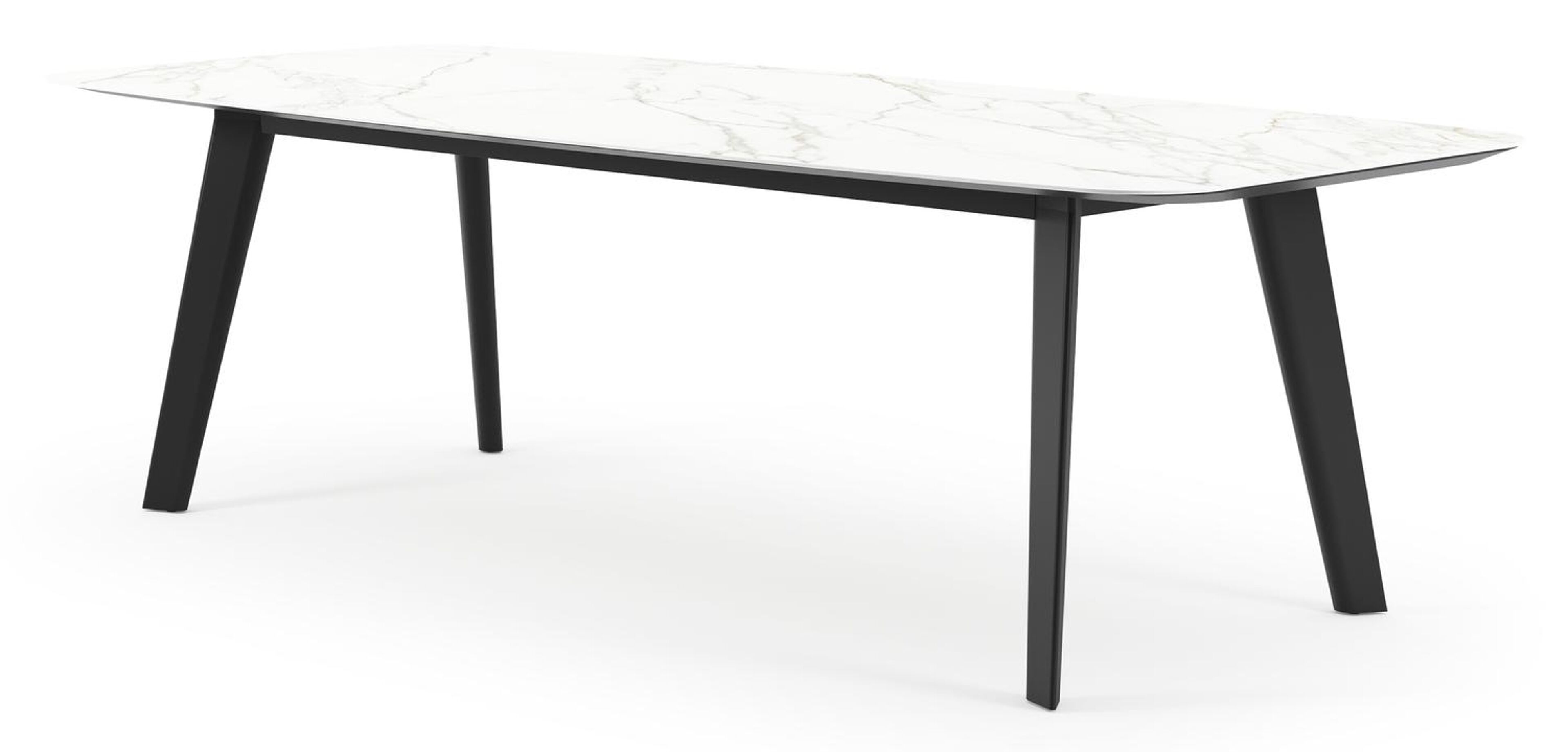 Table de jardin Lacrima forme de bateau en aluminium noir et céramique pleine Calacatta - Lg. 255 x Lrg. 115 x Haut. 73 cm