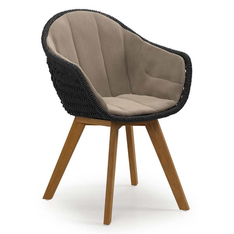 Pagino tuinstoel in teak en zwart ronde wicker met zitkussen in All Weather Sunbrella® Luxe Natte Heather Grey