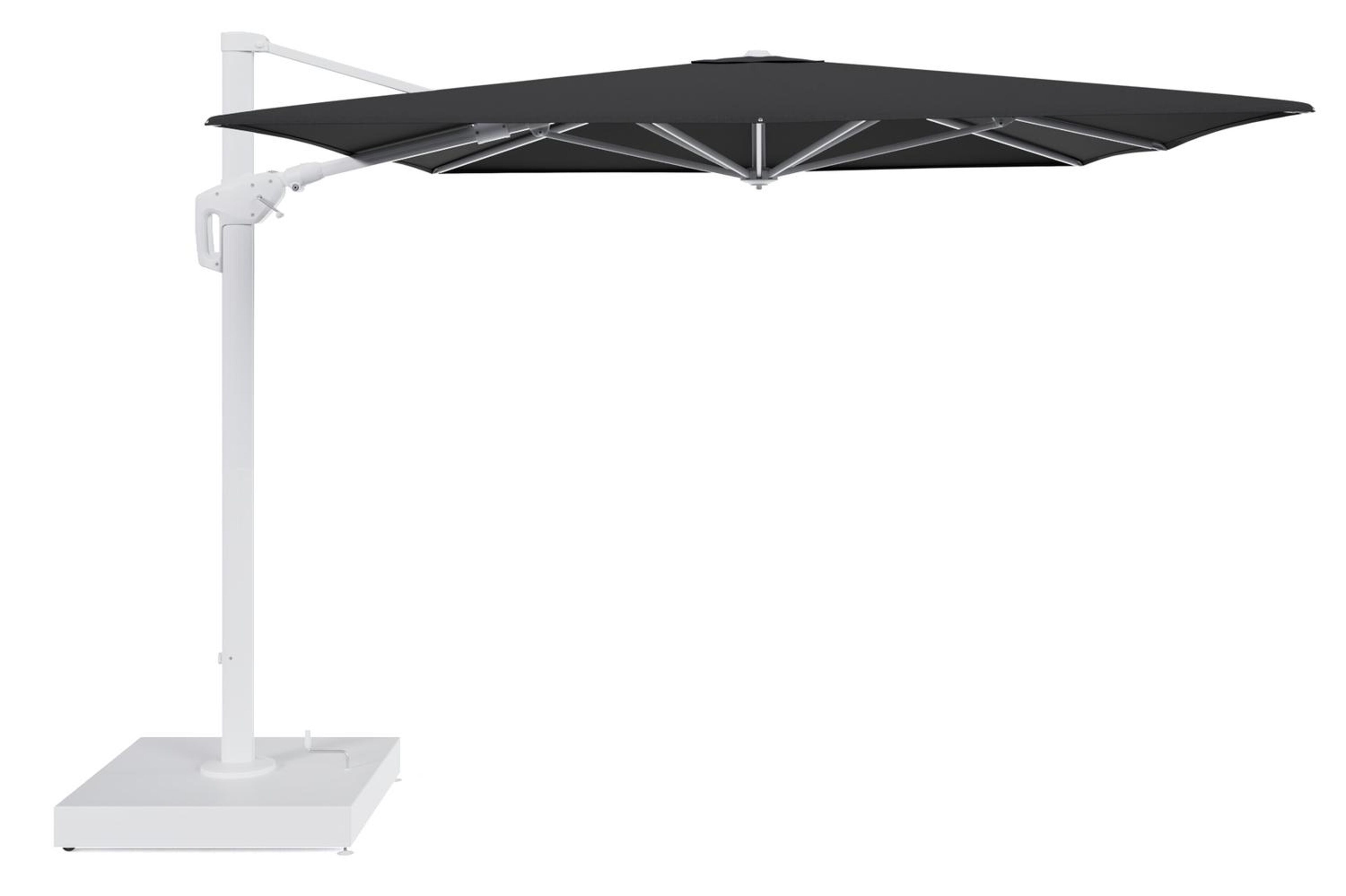 Minore zweefparasol met tiltfunctie in wit aluminium en Natte Sooty All Weather Sunbrella® Luxe parasoldoek - L1 400 x L2 300 cm met parasolvoet Minore 260 kg met wielen