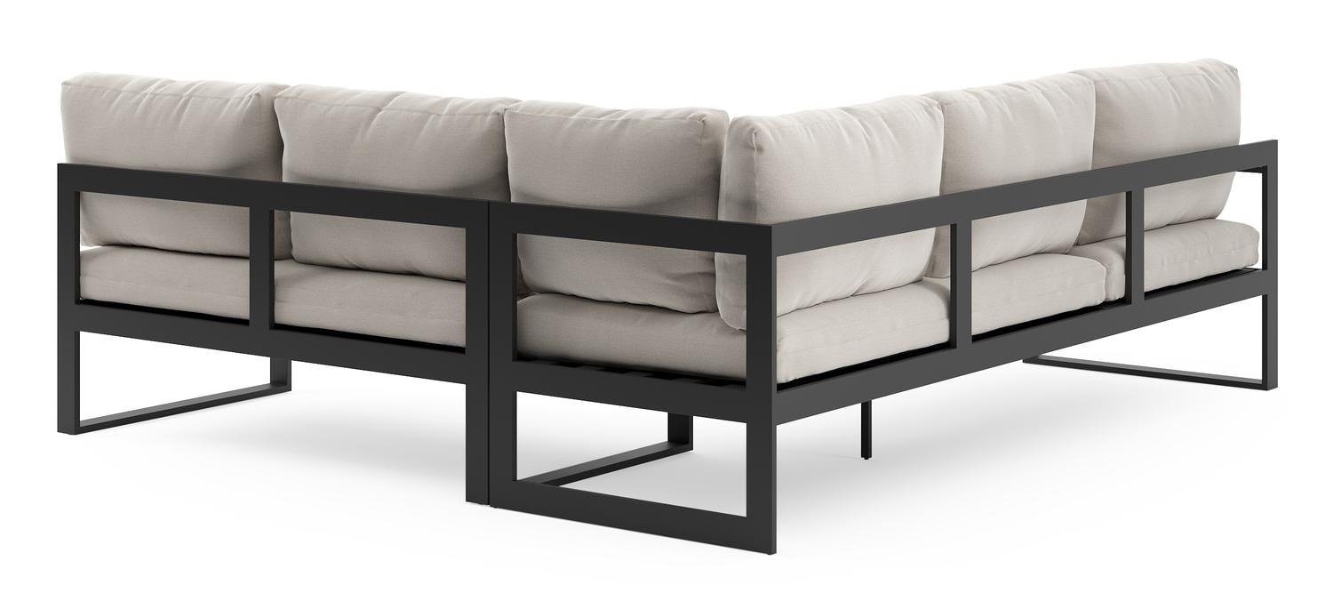 Salon de jardin d'angle Caldela en aluminium noir et coussins en weather+ softtouch beige