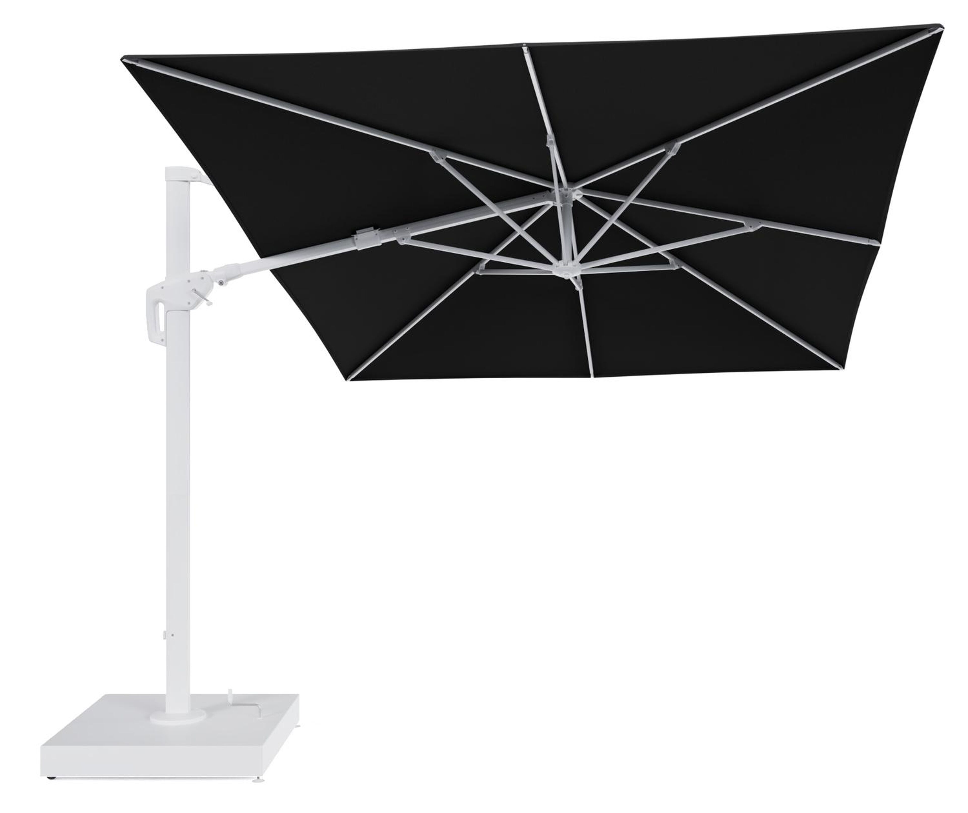 Minore zweefparasol met tiltfunctie in wit aluminium en Natte Sooty All Weather Sunbrella® Luxe parasoldoek - L1 400 x L2 300 cm met parasolvoet Minore 260 kg met wielen