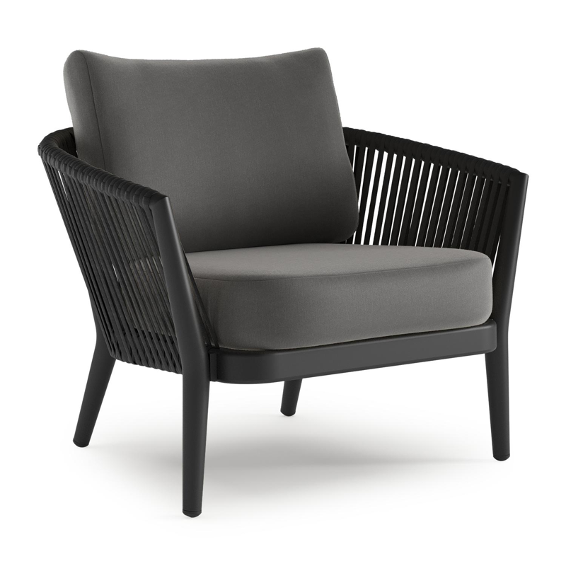 Orso loungestoel 1-zit in zwart aluminium en zwart verticaal geweven luxe vlakke rope met natte charcoal chine all weather sunbrella® luxe kussen