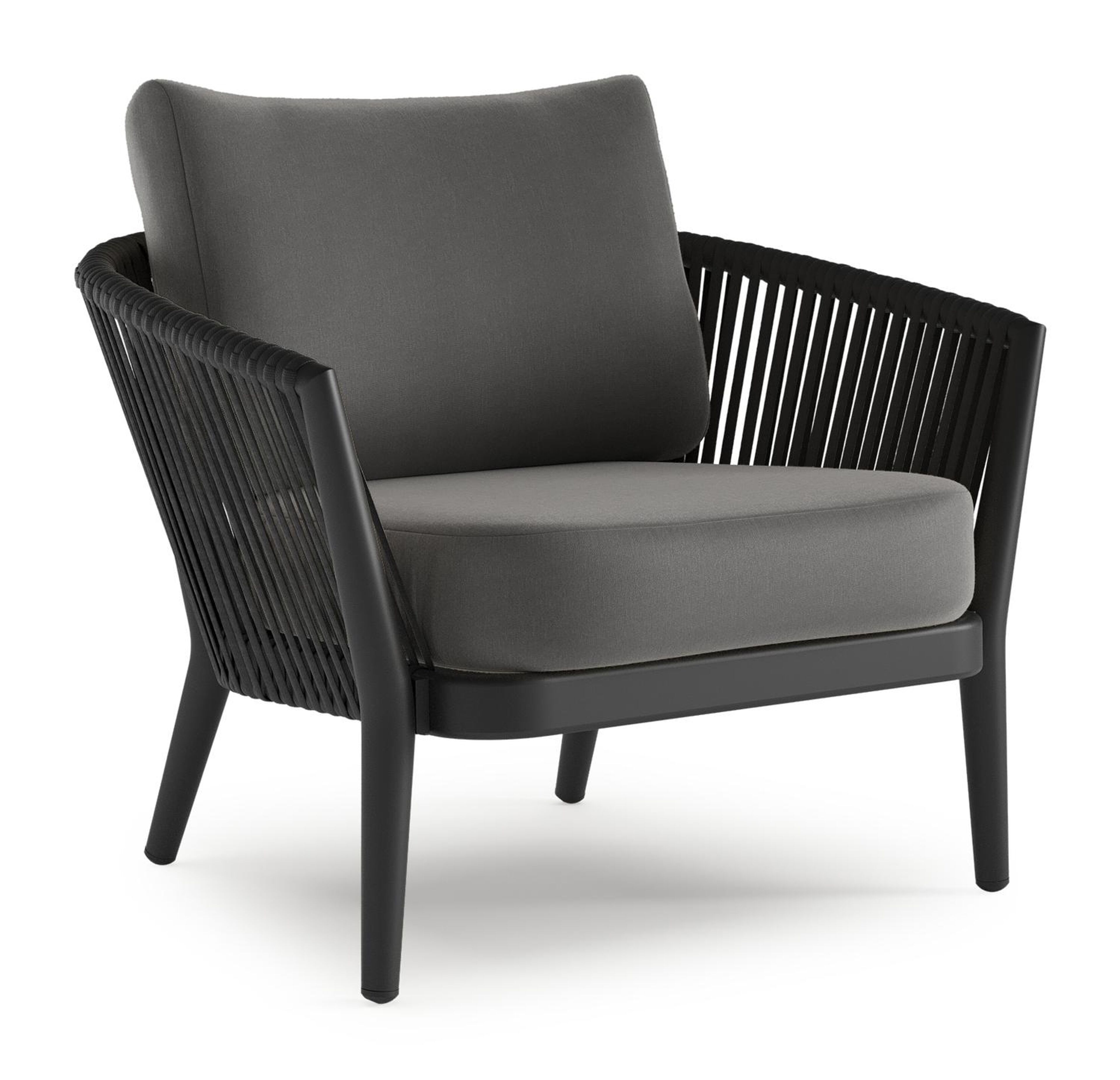 Orso loungestoel 1-zit in zwart aluminium en zwart verticaal geweven luxe vlakke rope met natte charcoal chine all weather sunbrella® luxe kussen