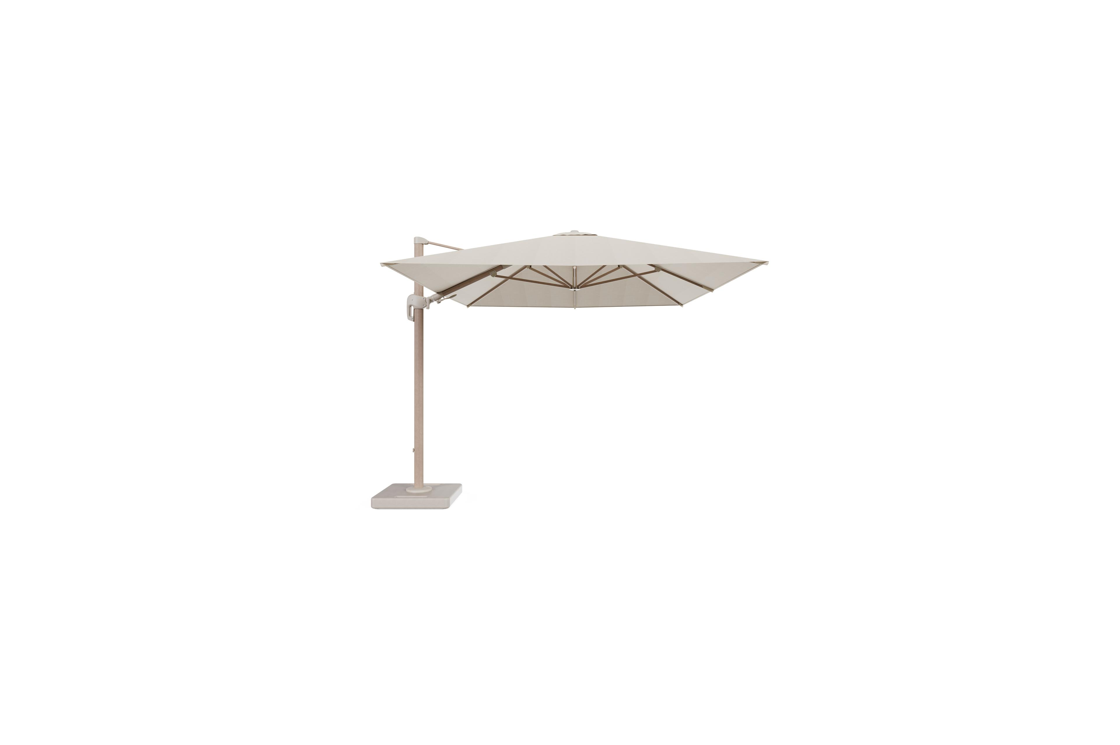 Rufina zweefparasol met tiltfunctie in aluminium houtlook met beige all weather sunbrella® premium parasoldoek - L1 400 x L2 300 cm met parasolvoet Lapido 160 kg