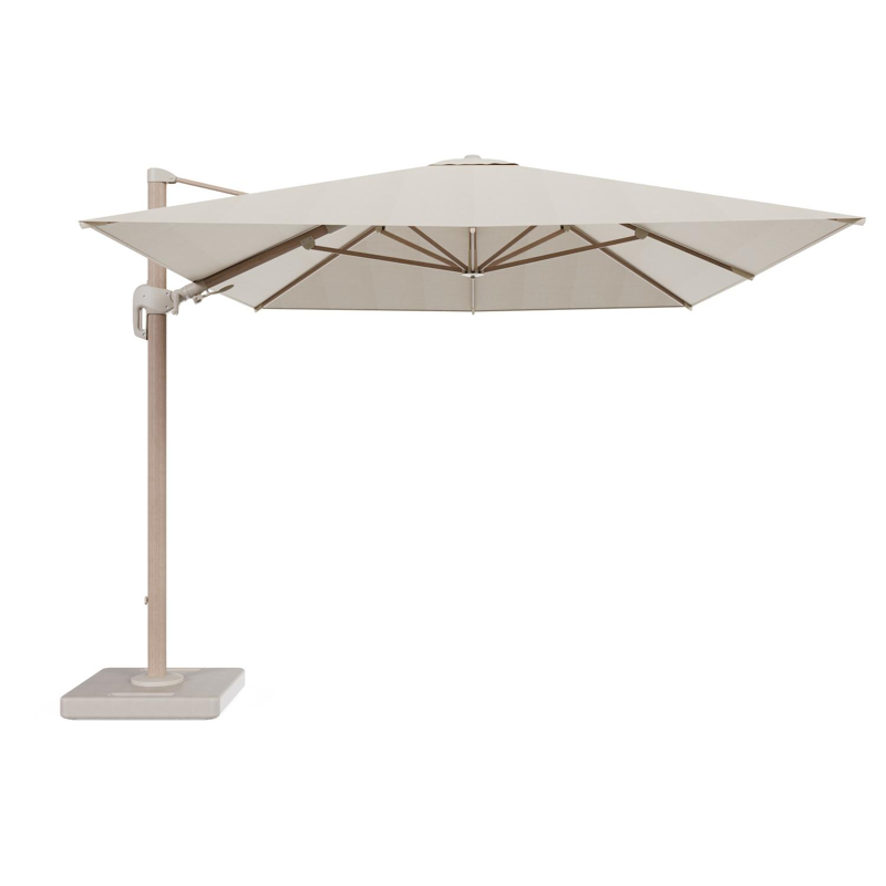Rufina zweefparasol met tiltfunctie in aluminium houtlook met beige all weather sunbrella® premium parasoldoek - L1 400 x L2 300 cm met parasolvoet Lapido 160 kg