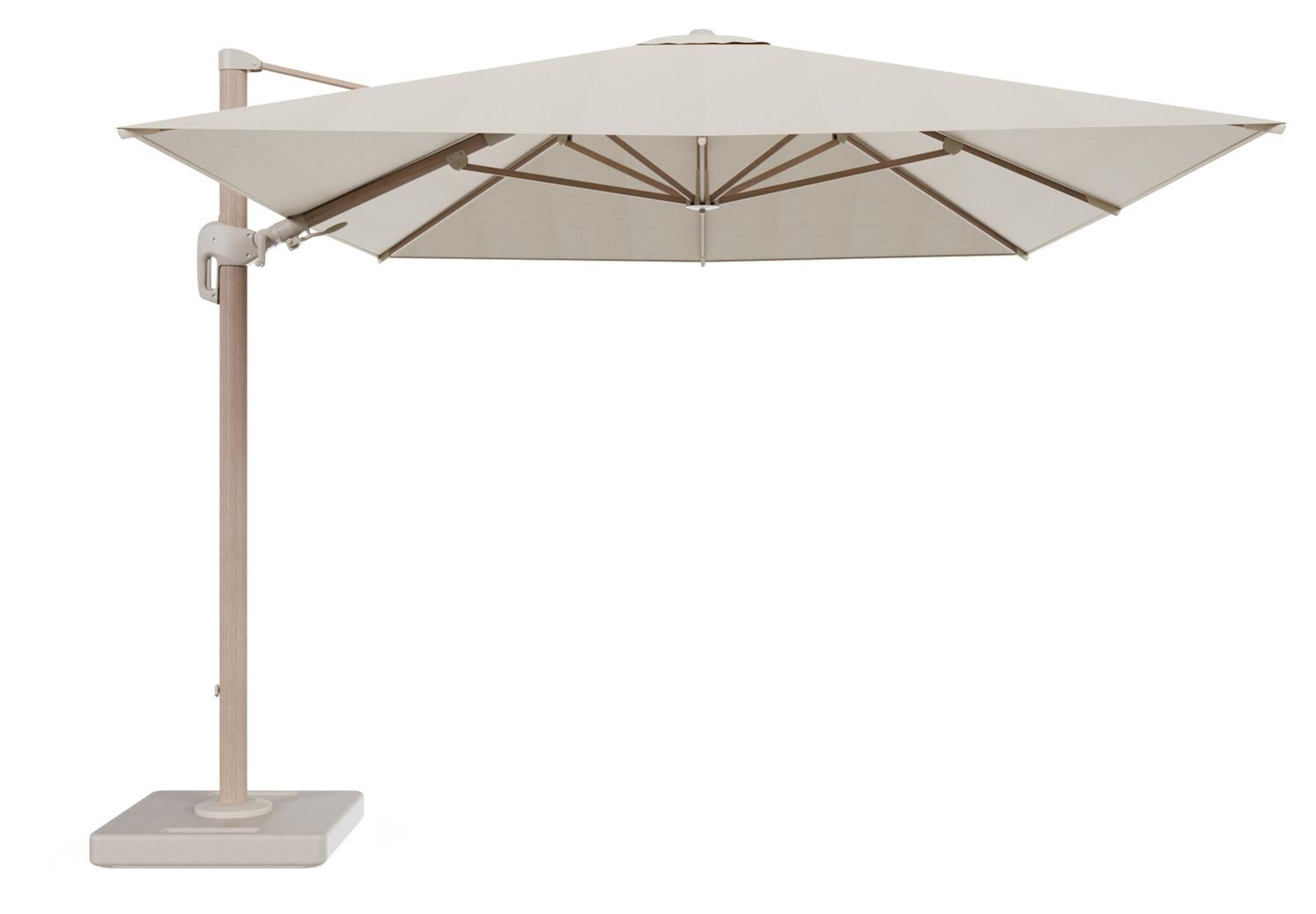 Parasol pendant Rufina en aspect de bois aluminium avec fonction tilt et toile de parasol en all weather sunbrella® premium beige - Lg.1 400 x Lg.2 300 cm avec pied de parasol Lapido 160 kg