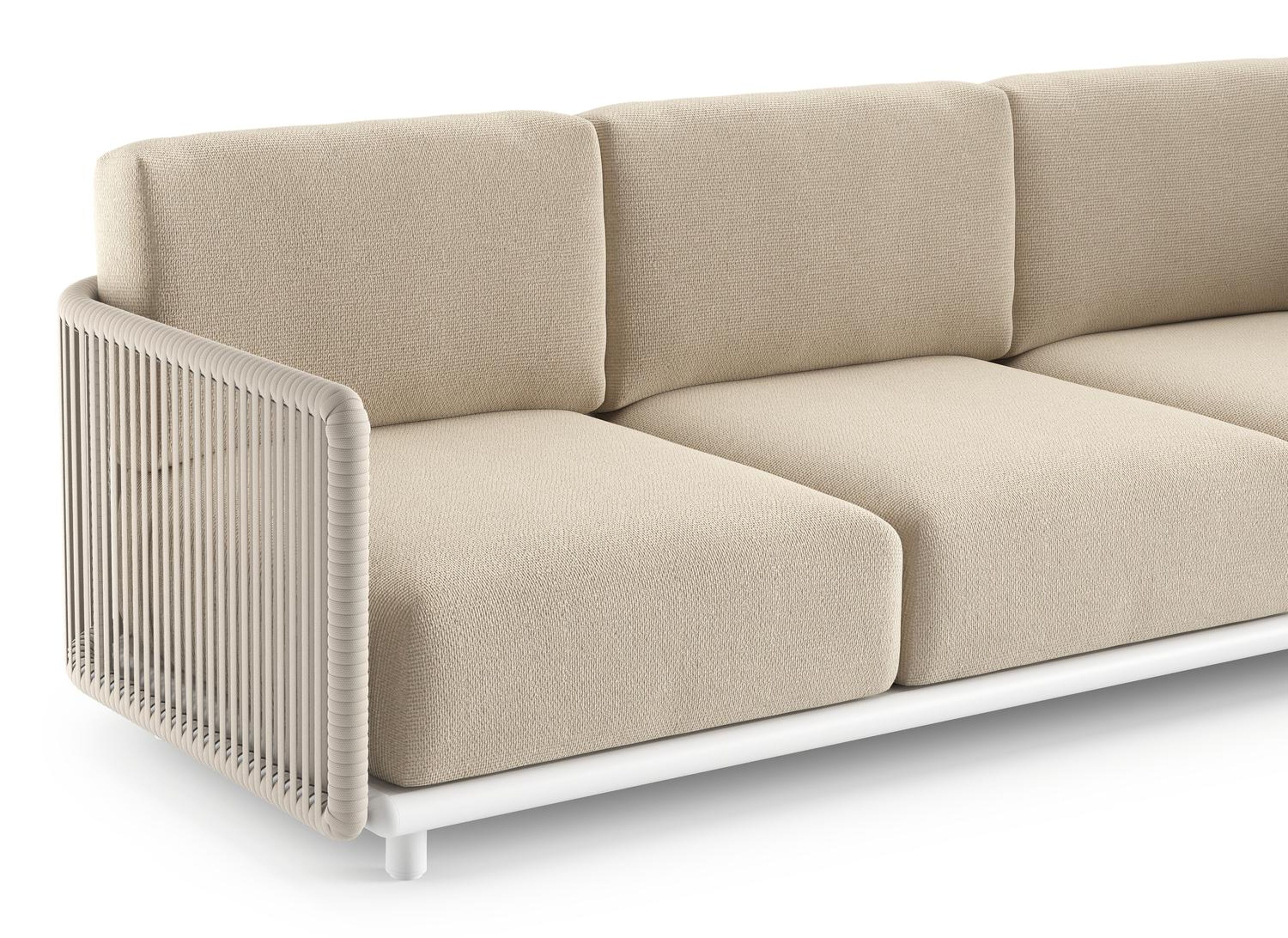 Salon de jardin Organo en aluminium blanc et corde luxe plate tissée verticalement beige et coussin en all weather Cosytica althea chalk