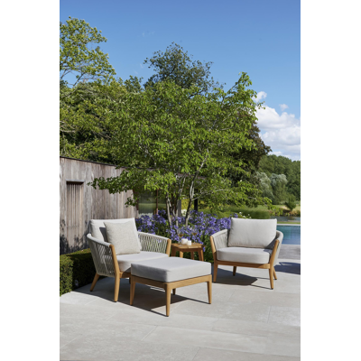 Fauteuil de jardin Orso en tecken corde ronde tissée verticalement beige et coussins en all weather sunbrella® luxe Heritage Papyrus