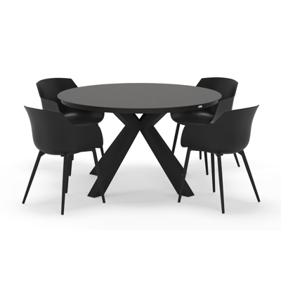 Tora tuinset rond in zwart aluminium en sintered stone zwart met 4 Paco tuinstoelen