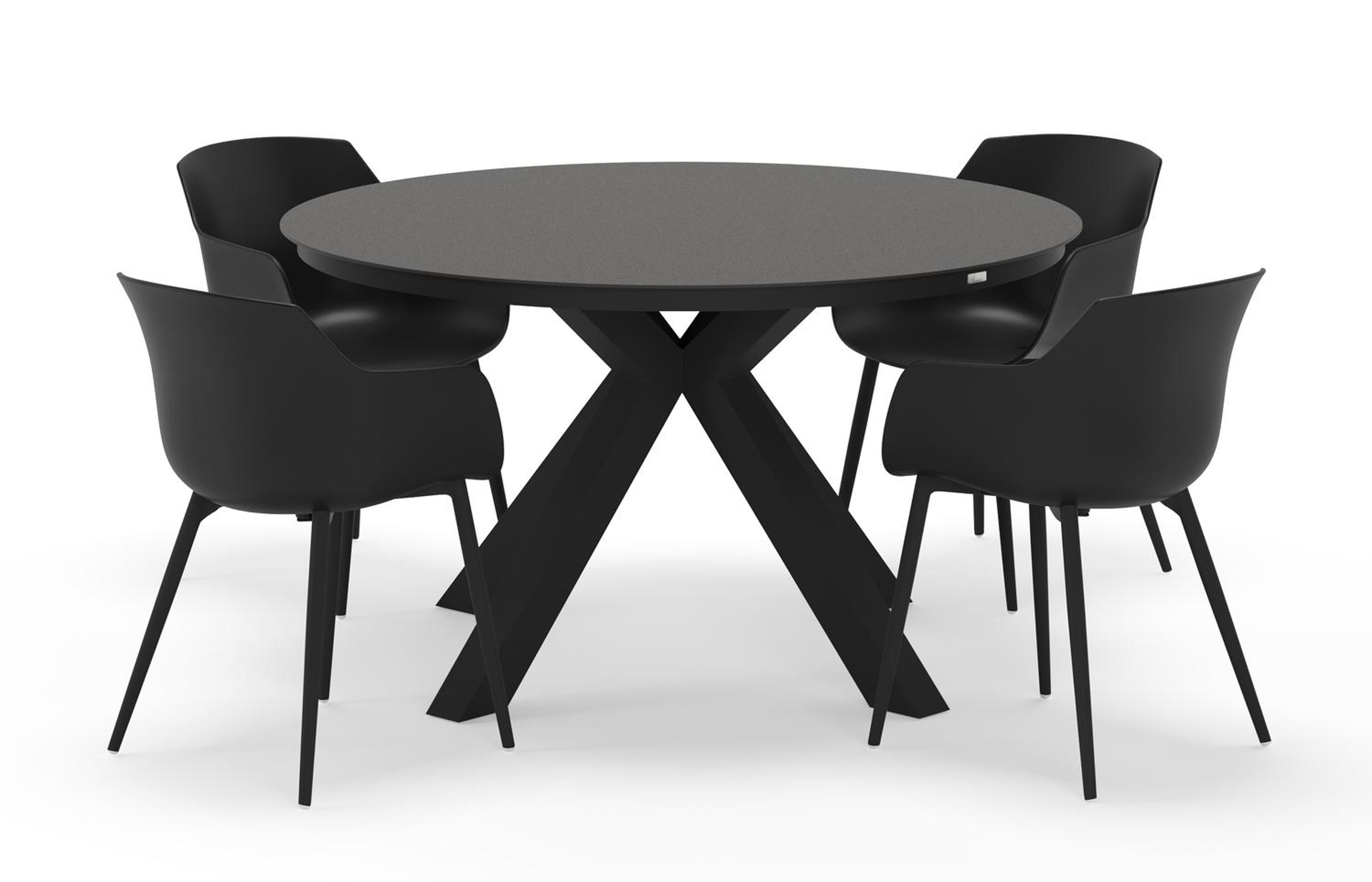 Tora tuinset rond in zwart aluminium en sintered stone zwart met 4 Paco tuinstoelen