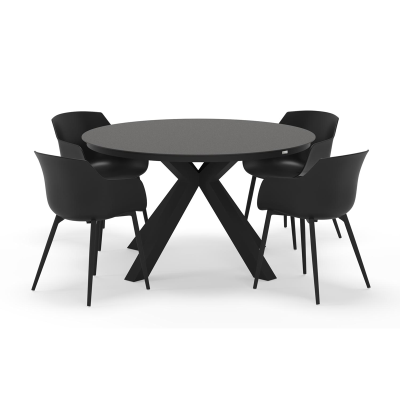 Tora tuinset rond in zwart aluminium en sintered stone zwart met 4 Paco tuinstoelen